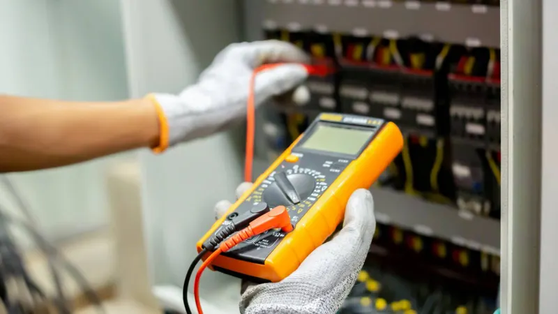 Électricien mesurant un tableau électrique au multimètre