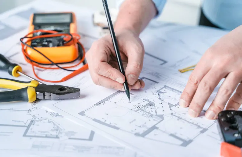 Étude de plans électriques avec multimètre et outillage d'électricien